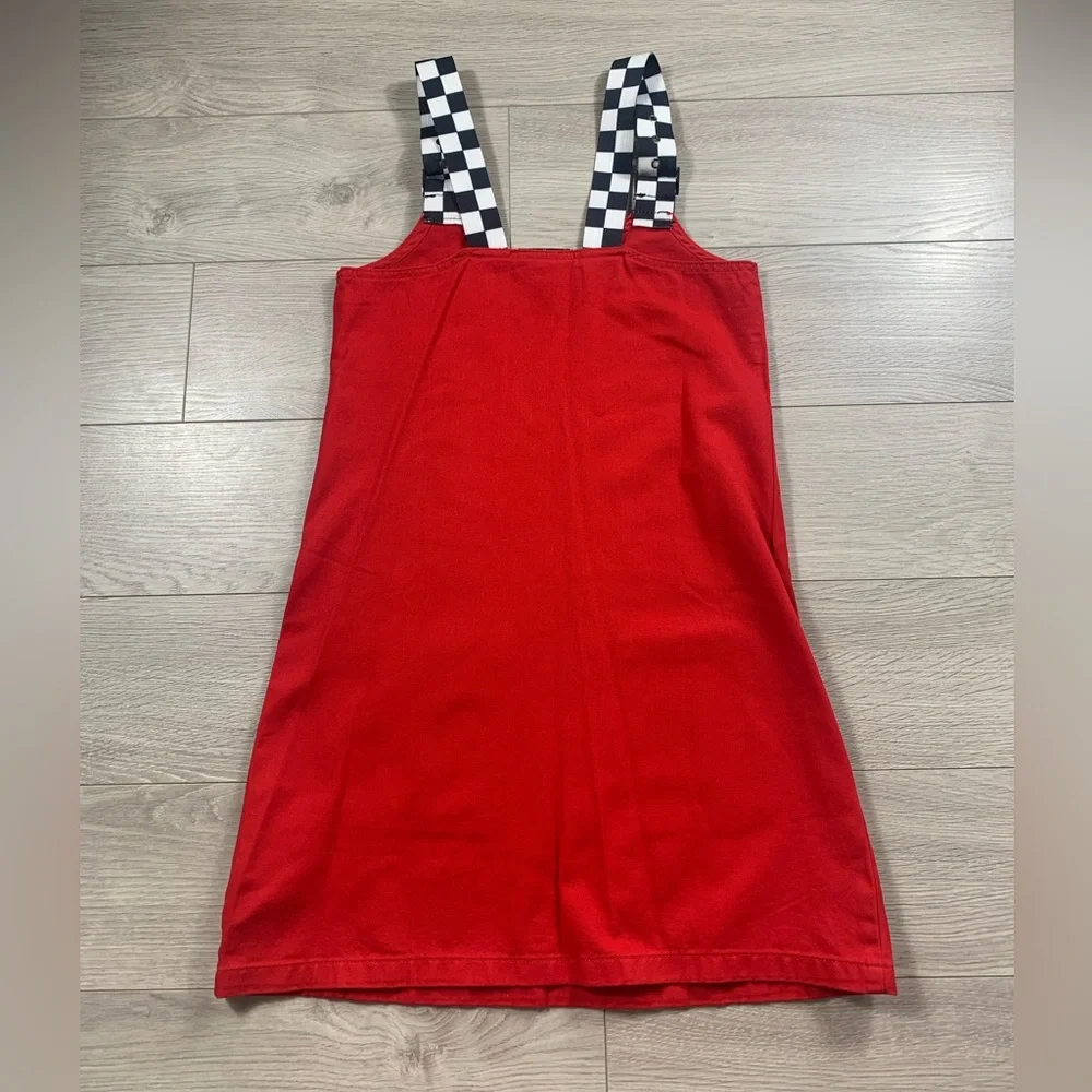 Lazy Oaf Checkered Buckle-Strap Pinafore Red Mini Dress - Picture 6 of 15